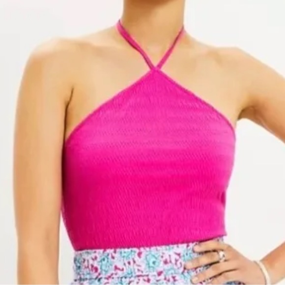 NWT Loft Smocked Radiant Fuchsia Pink Halter Top. - Picture 1 of 4